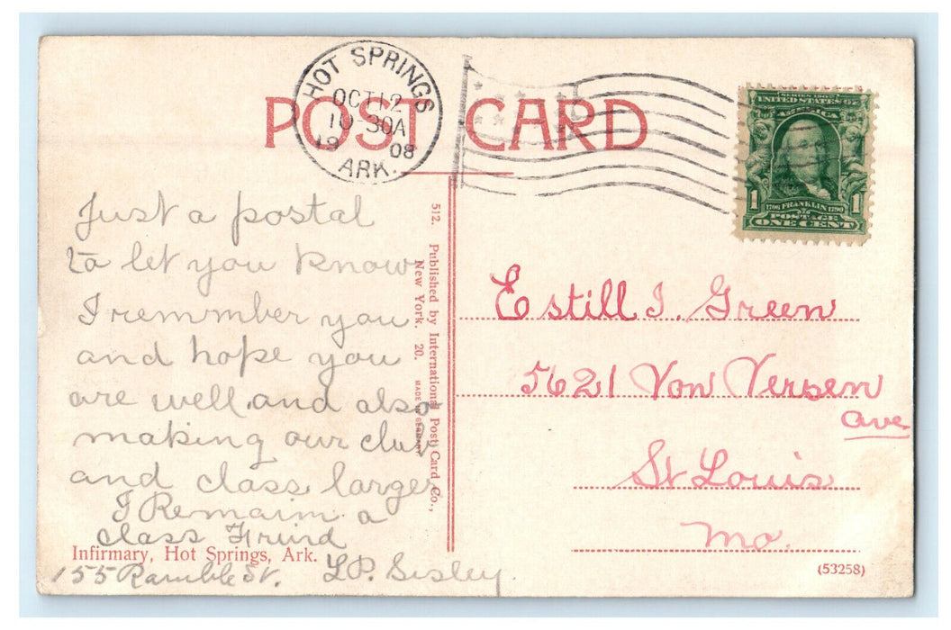 1908 Infirmary, Hot Springs, Arkansas AR Antique Posted Postcard