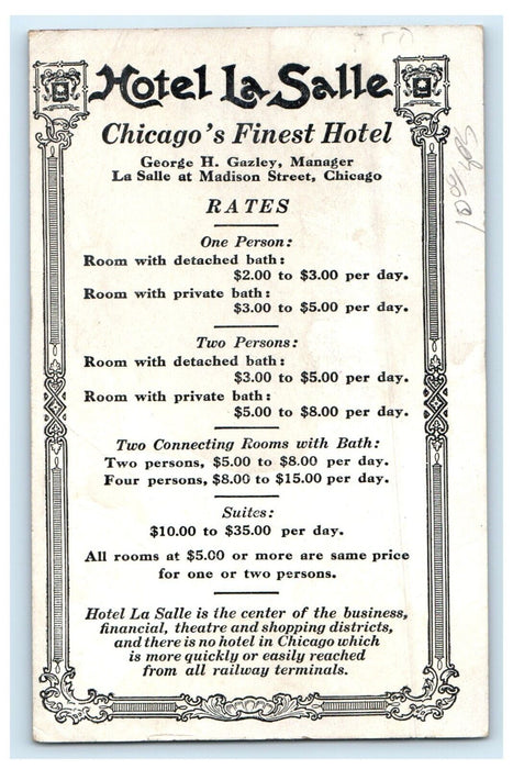 c1920's Hotel La Salle Advertising Rates Chicago Illinois IL Postcard