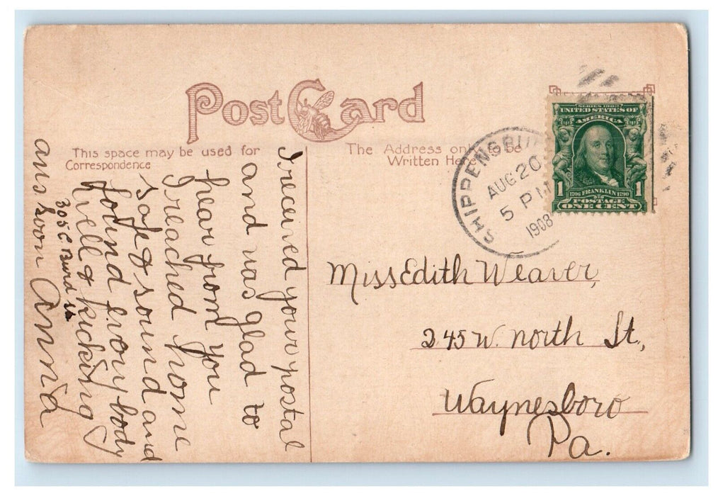1908 High School Shippensburg Pennsylvania PA Posted Antique Postcard
