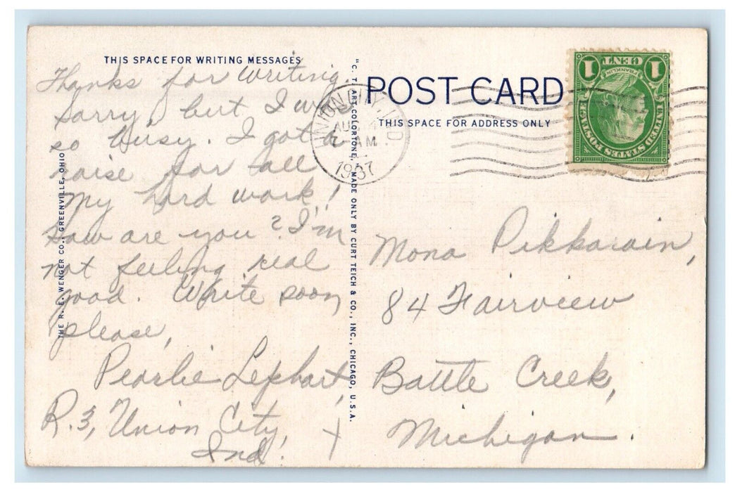 1937 Street View Of Post Office Greenville Ohio OH Posted Vintage Postcard