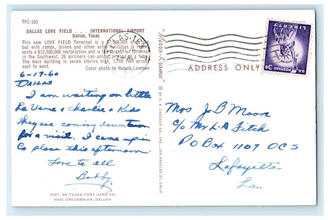1960 View Of Dallas Love Field International Airport Dallas Texas TX Postcard