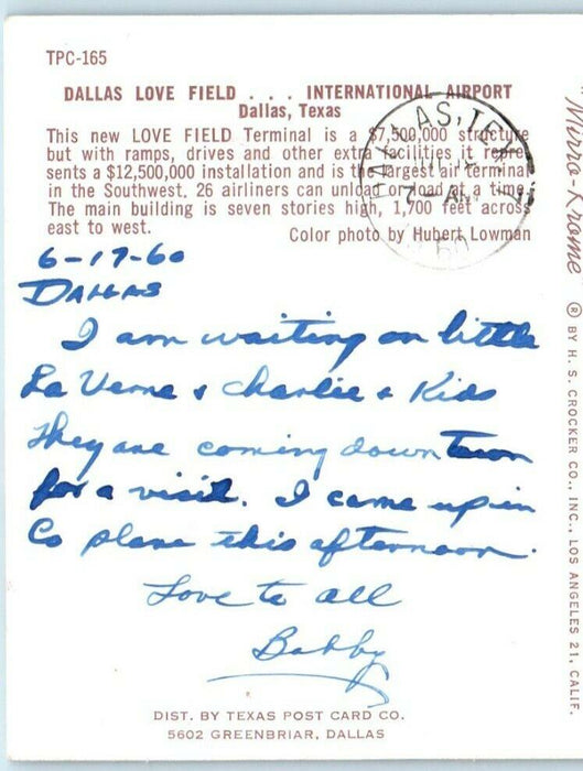 1960 View Of Dallas Love Field International Airport Dallas Texas TX Postcard