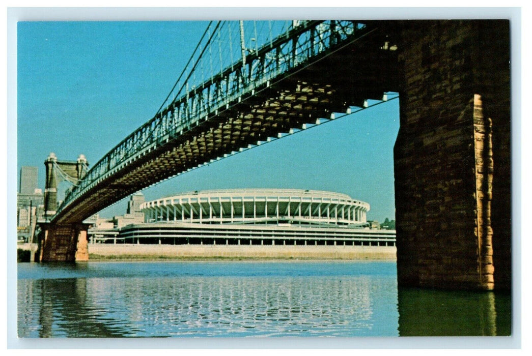 c1950's River Front Stadium Suspension Bridge Cincinnati Ohio OH Postcard