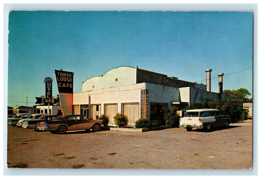 1961 Tower Lodge Hotel And Cafe Cars Burnet Texas TX Posted Vintage Postcard