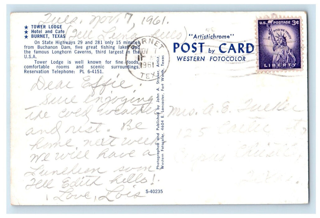 1961 Tower Lodge Hotel And Cafe Cars Burnet Texas TX Posted Vintage Postcard