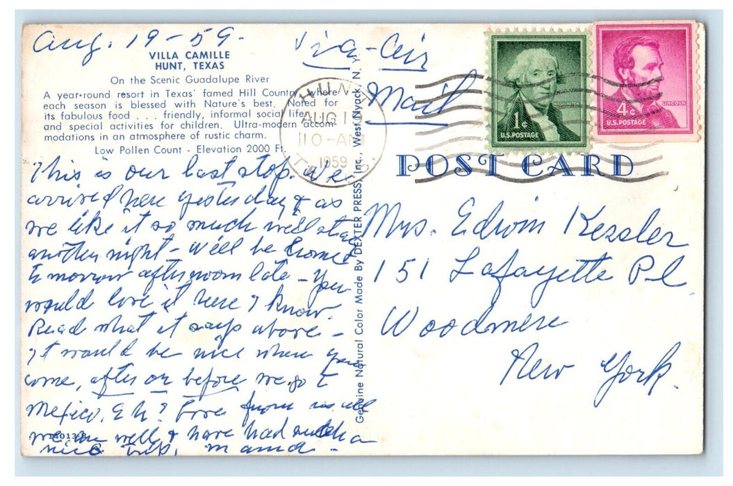 1959 Aerial View Of Villa Camille Cars Hunt Texas TX Posted Vintage Postcard