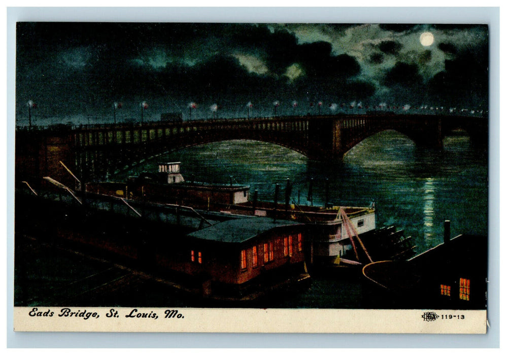 c1910s Moonlight Scene Eads Bridge, St. Louis Missouri MO Antique Postcard