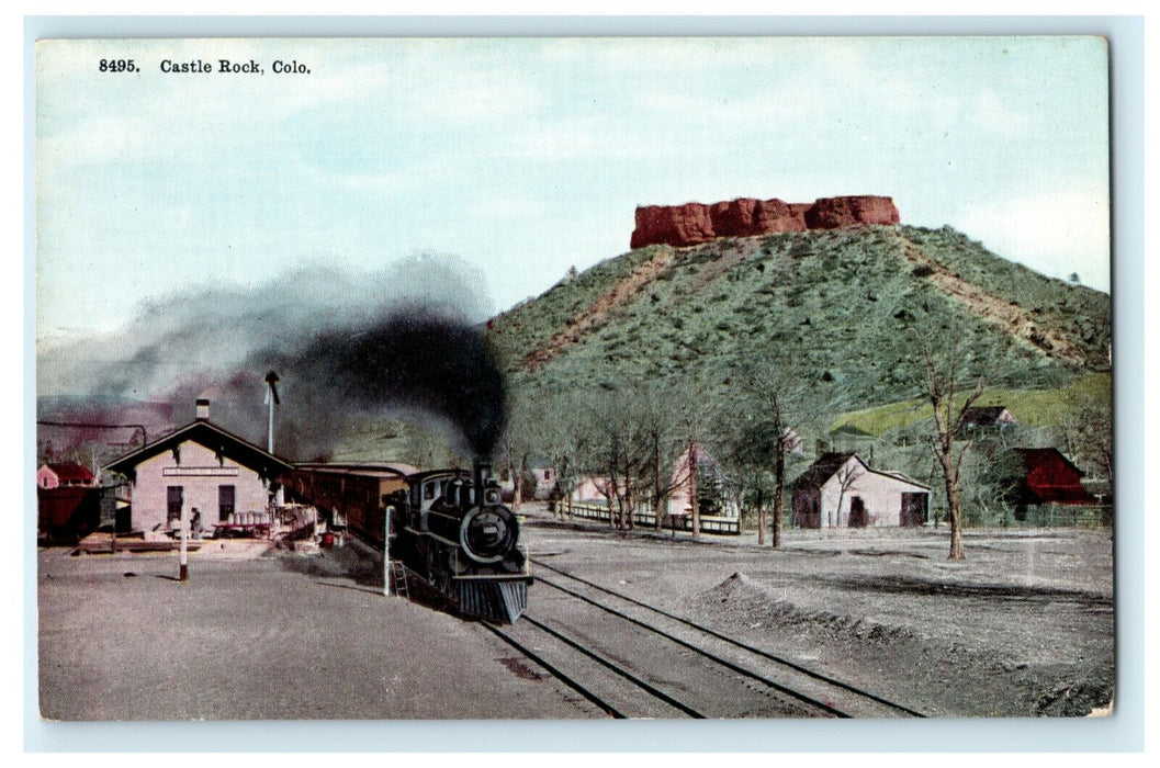 c1910 Castle Rock Colorado Train Station Depot Locomotive Antique Postcard