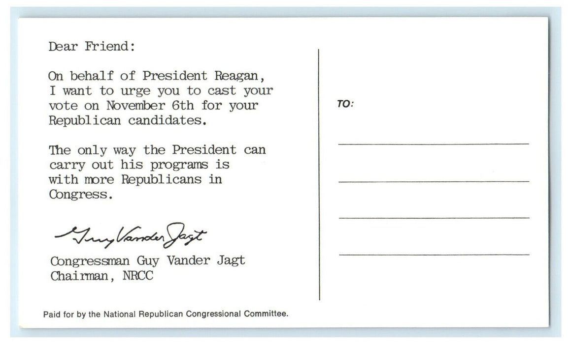 Congressman Guy Vander Jagt Chairman Political Advertising Postcard