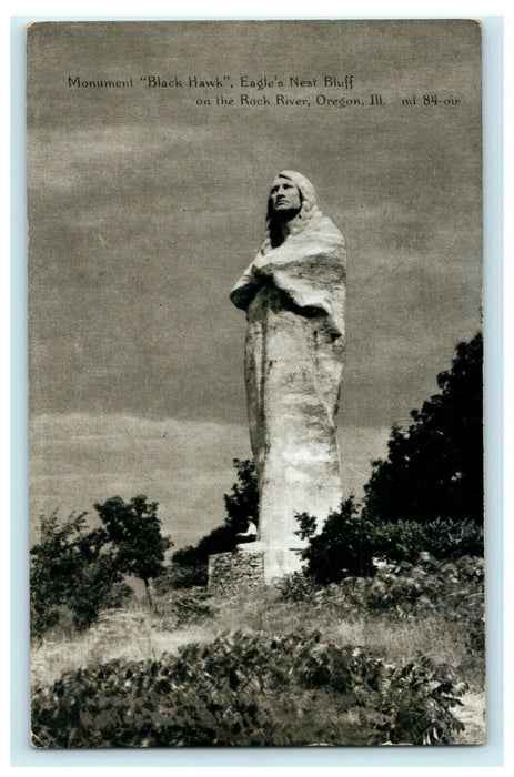 c1915 Monument Black Hawk Eagle's Nest Bluff Oregon Illinois IL Antique Postcard