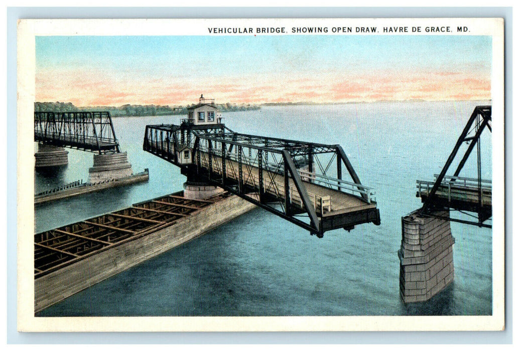 c1920s Vehicular Bridge,  Showing Open Draw, Havre De Grace Maryland Postcard