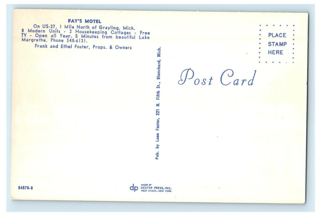 c1950's Entrance To Fay's Motel Grayling Michigan MI Unposted Vintage Postcard