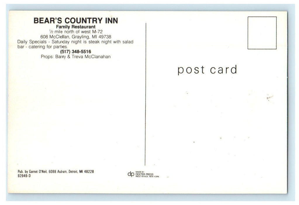 Grayling Michigan MI, Bear's Country Inn Family Restaurant Street View Postcard