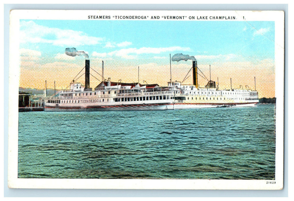 c1920s Day Scene, Ticonderoga and Vermont Steamers on Lake Champlain Postcard