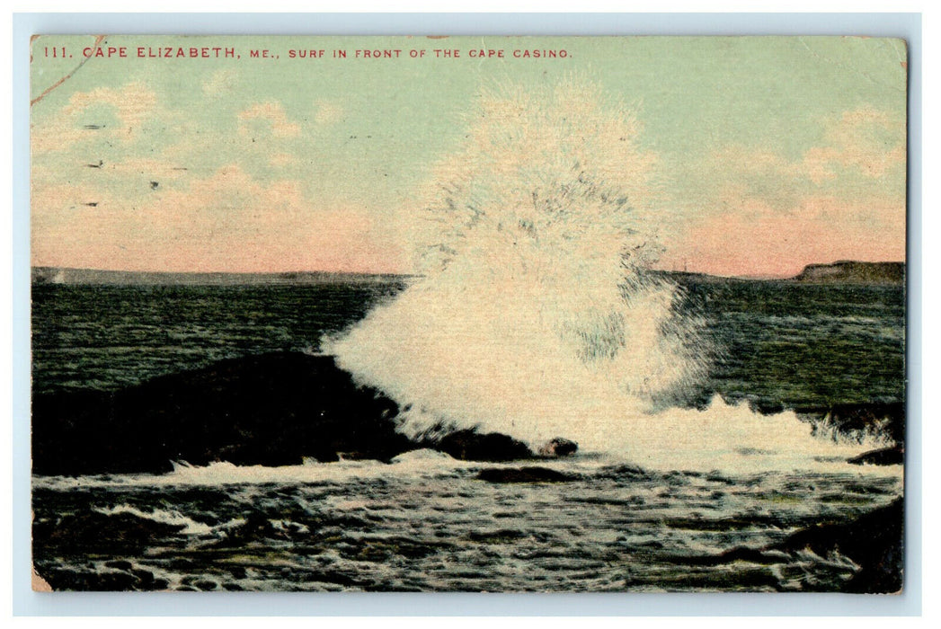1914 Surf in Front of The Cape Casino, Cape Elizabeth, Maine ME Postcard