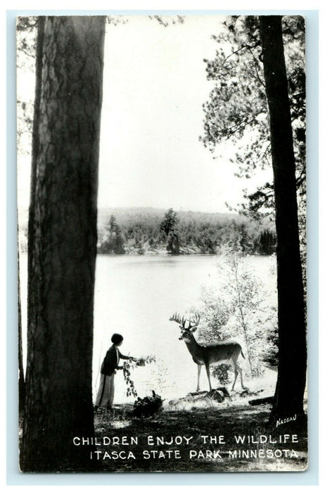 c1940's Children Enjoy Wildlife Itasca State Park Minnesota RPPC Photo Postcard