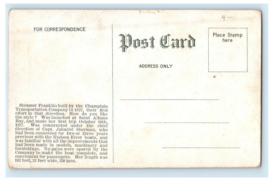 1909 Steamer Franklin By Champlain Transportation Company Unposted Postcard