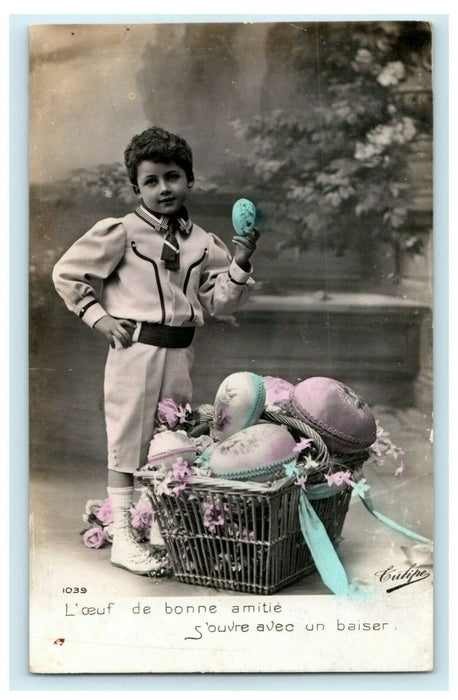c1910 Easter Boy Holding Egg Basket Germany RPPC Photo Antique Postcard