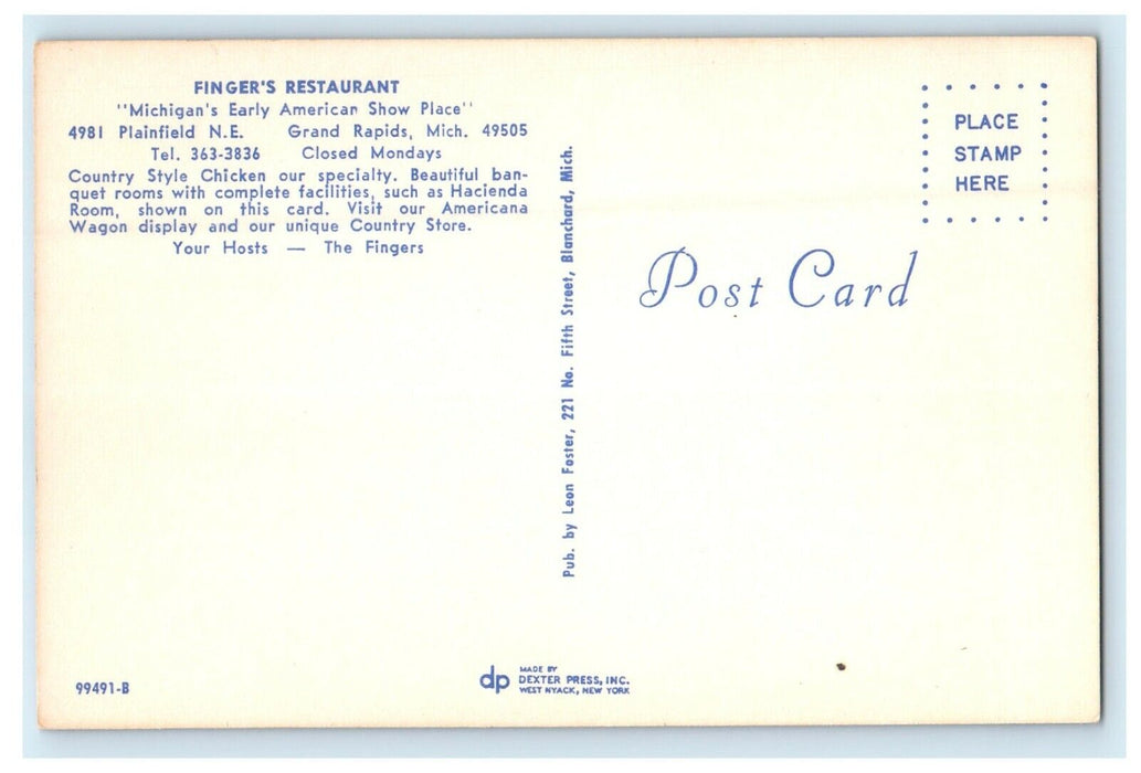 c1950's Finger's Restaurant Interior View Grand Rapids Michigan MI Postcard