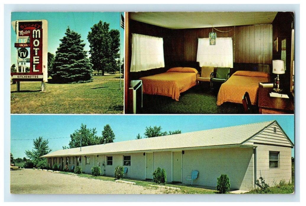 c1940's Sunset Motel Room Interior View Durand Michigan MI Multiview Postcard