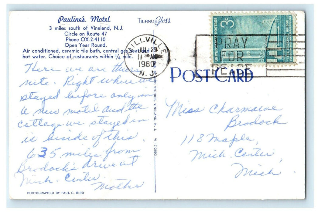 1960 Pauline's Motel Room View Vineland New Jersey NJ Vintage Postcard