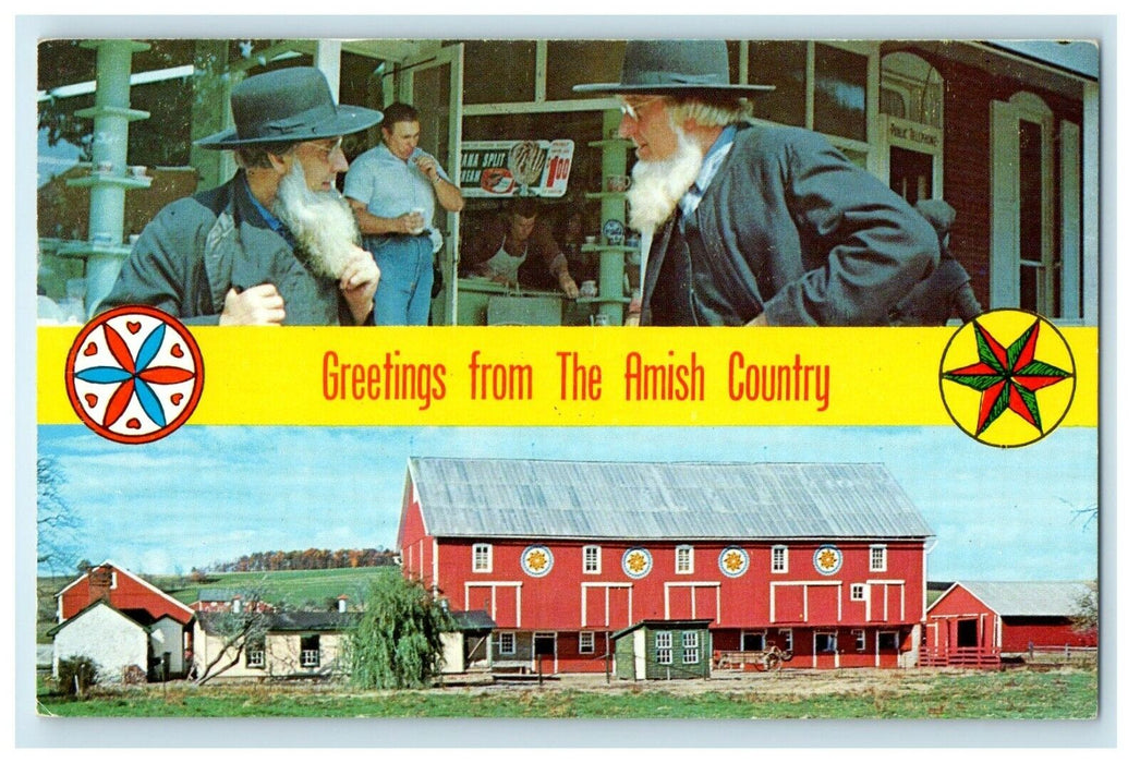 1964 Greetings From The Amish Country, Gentleman Conversation Vintage Postcard