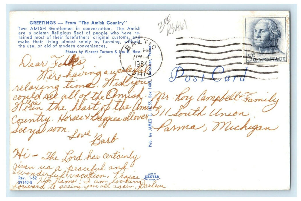 1964 Greetings From The Amish Country, Gentleman Conversation Vintage Postcard