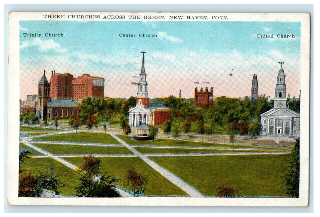 1929 Three Churches Across The Green New Haven Connecticut CT Vintage Postcard