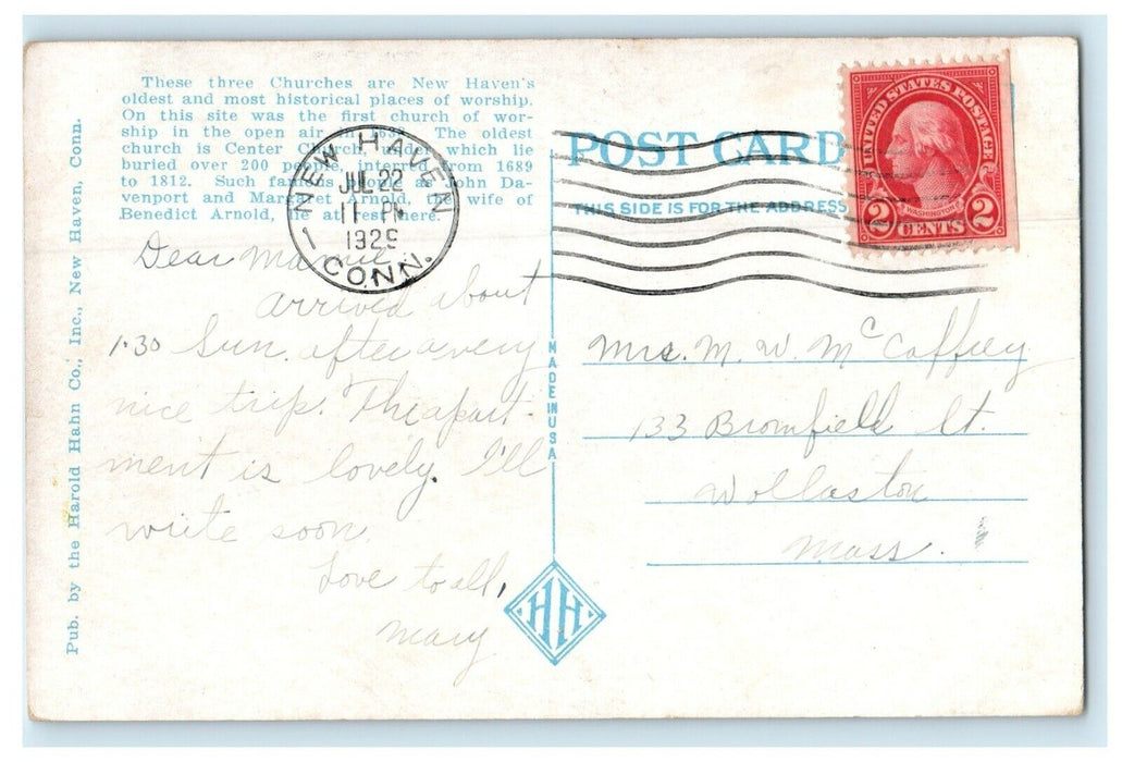 1929 Three Churches Across The Green New Haven Connecticut CT Vintage Postcard