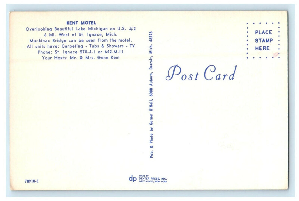c1960's Kent Motel Overlooking Lake Michigan, Ignace Michigan MI Postcard