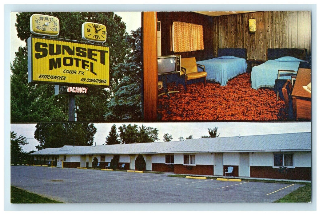c1950's Sunset Motel INC. Clock Room View Durand Michigan MI Multiview Postcard