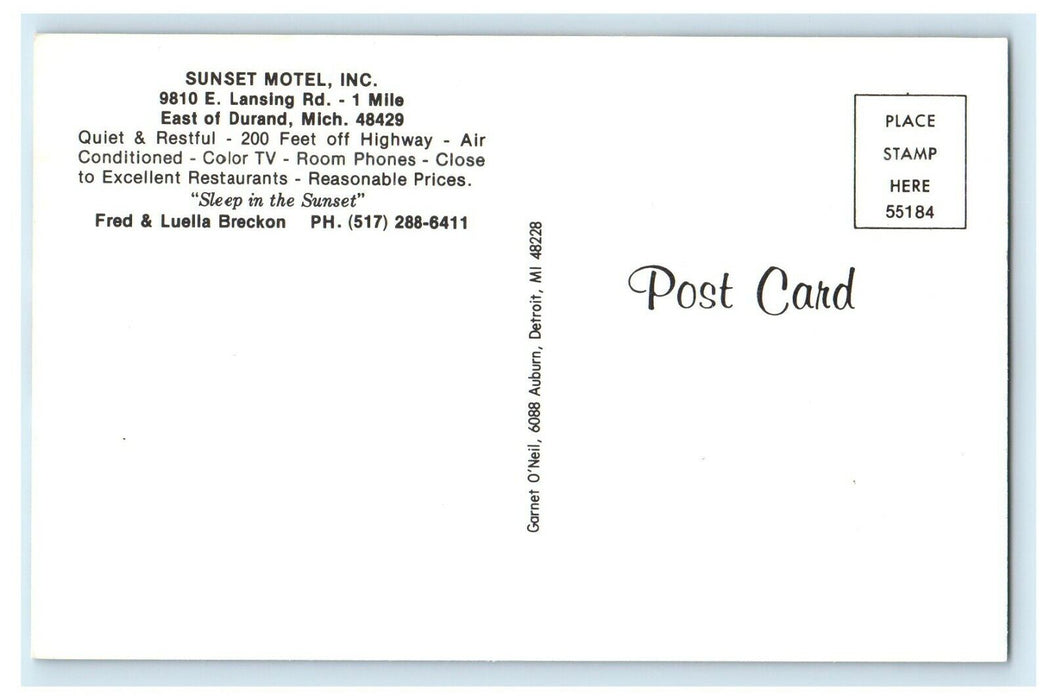 c1950's Sunset Motel INC. Clock Room View Durand Michigan MI Multiview Postcard