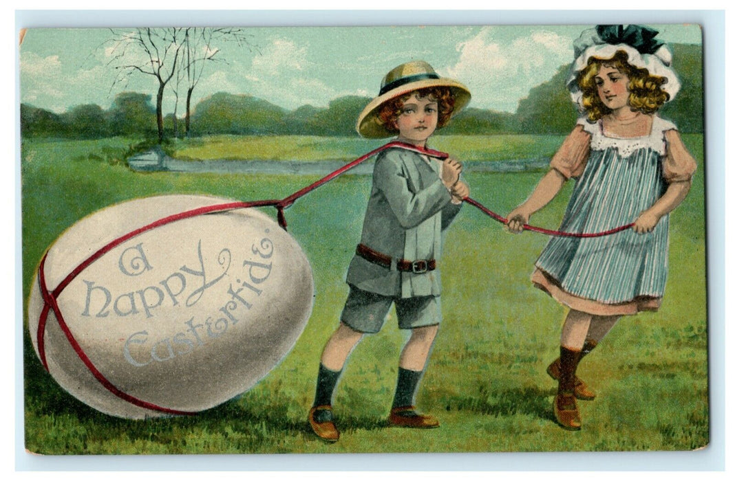 c1920's Easter Boy Girl Pulling Egg England Posted Antique Postcard