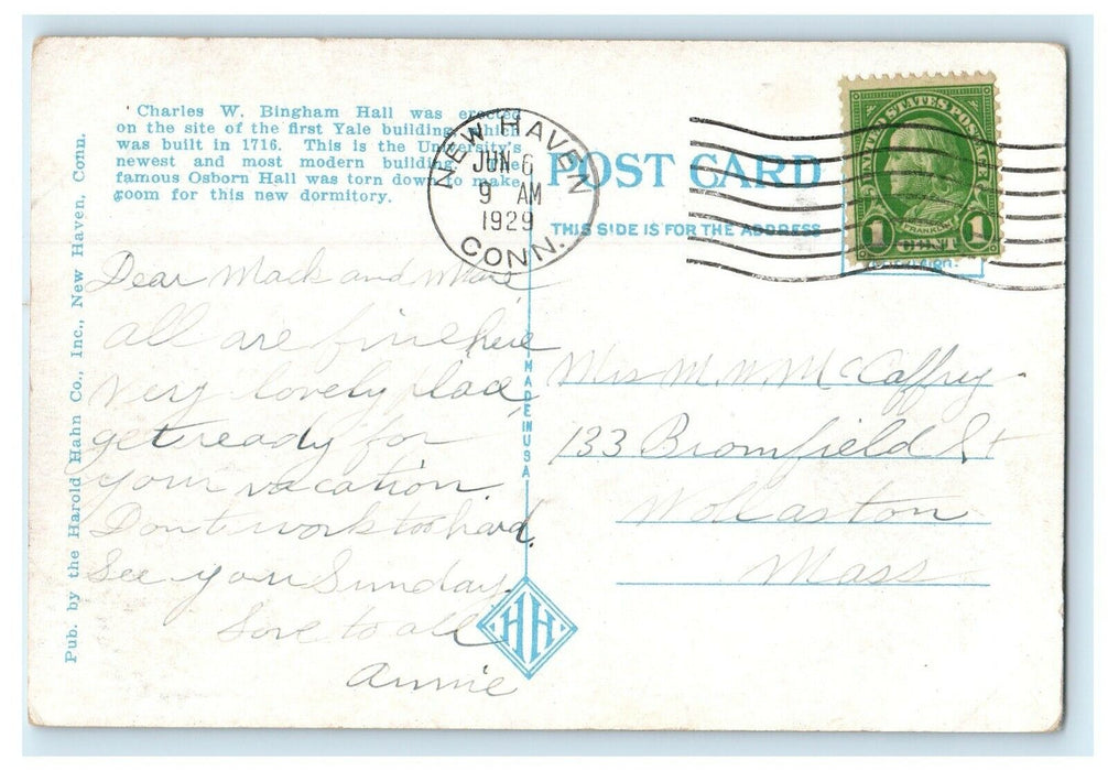 1929 Charles Bingham Hall Yale University View New Haven Connecticut CT Postcard