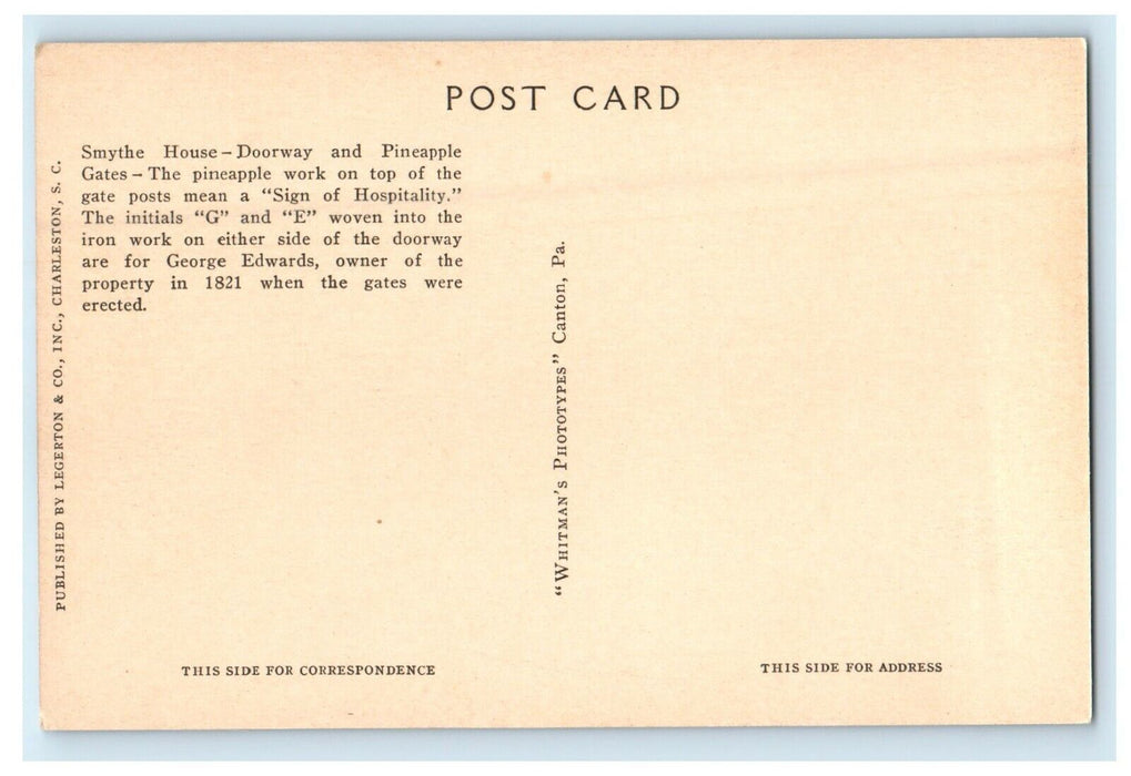 c1940's Smythe House Doorway Pineapple Gates Charleston South Carolina Postcard