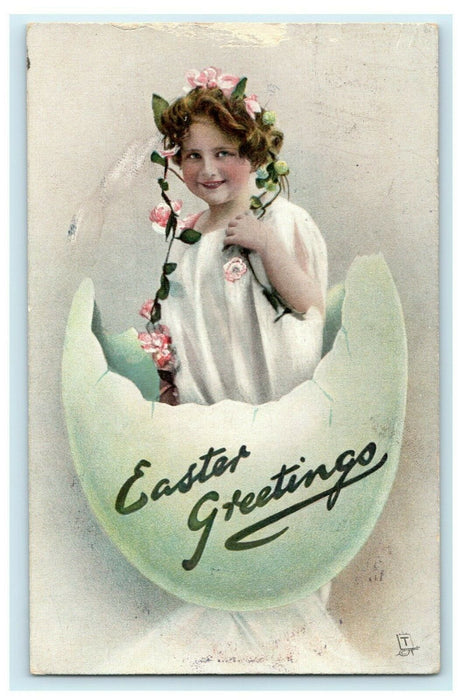 1909 Tuck Easter Girl Emerging From Egg Germany Posted Antique Postcard