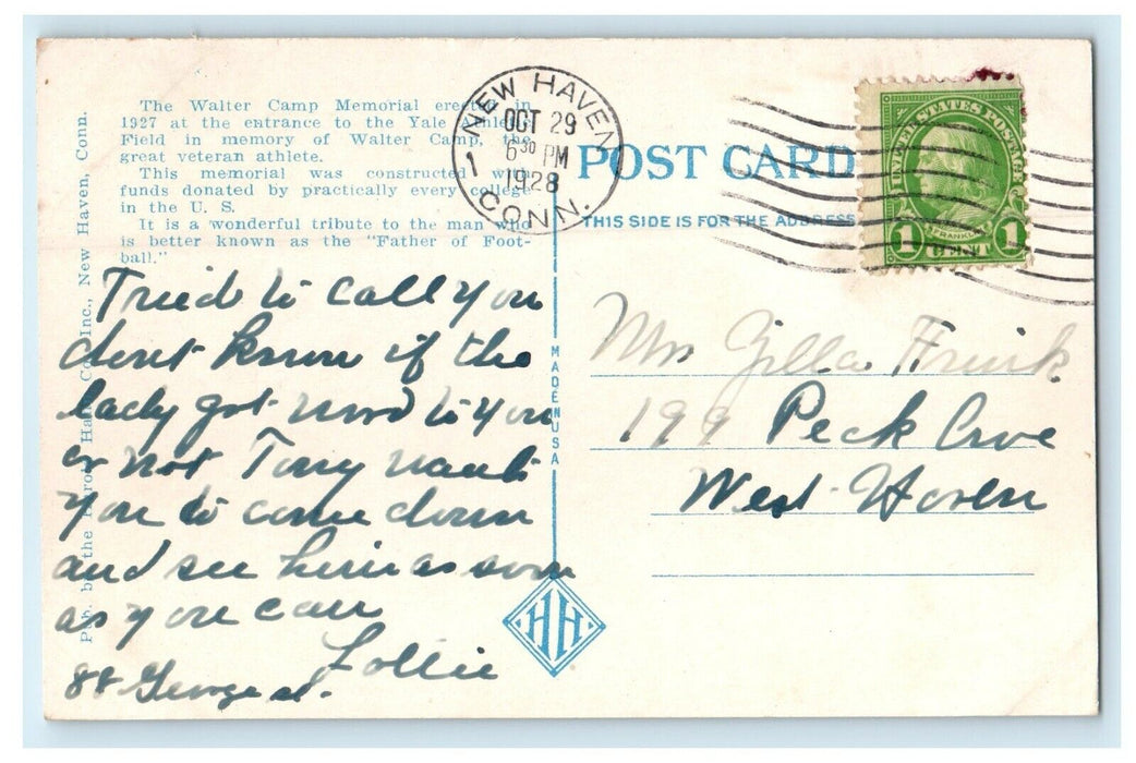 1929 Walter Camp Field Memorial Gateway Yale University New Haven CT Postcard