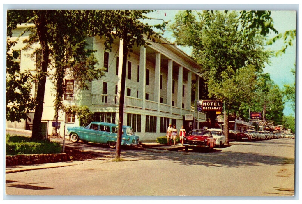 1966 Street Scene Rockaway Motel Shops Cars Rockaway Beach Missouri MO Postcard