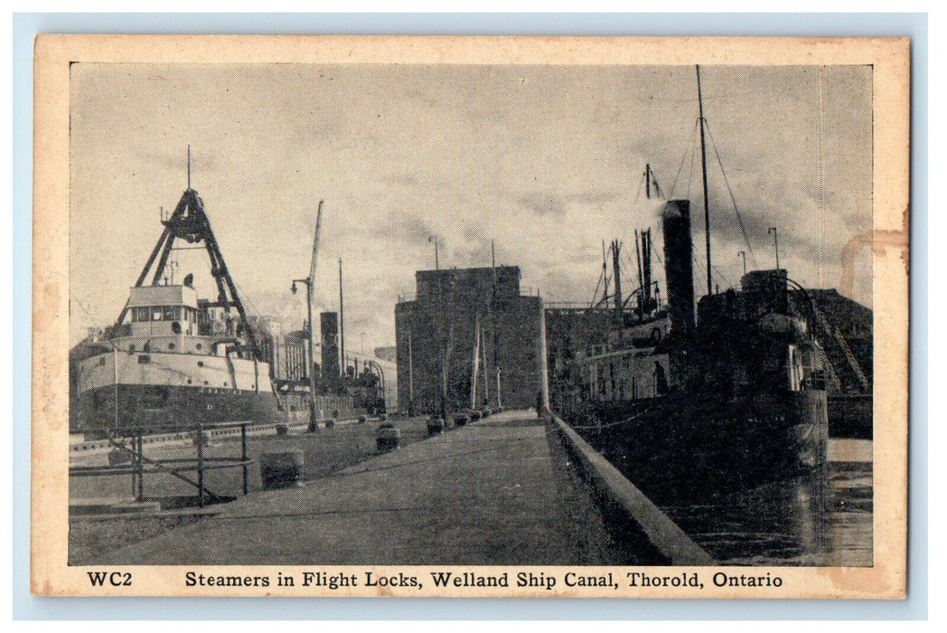 c1940's Steamers in Flight Locks Welland Ship Canal Thorold Ontario Postcard