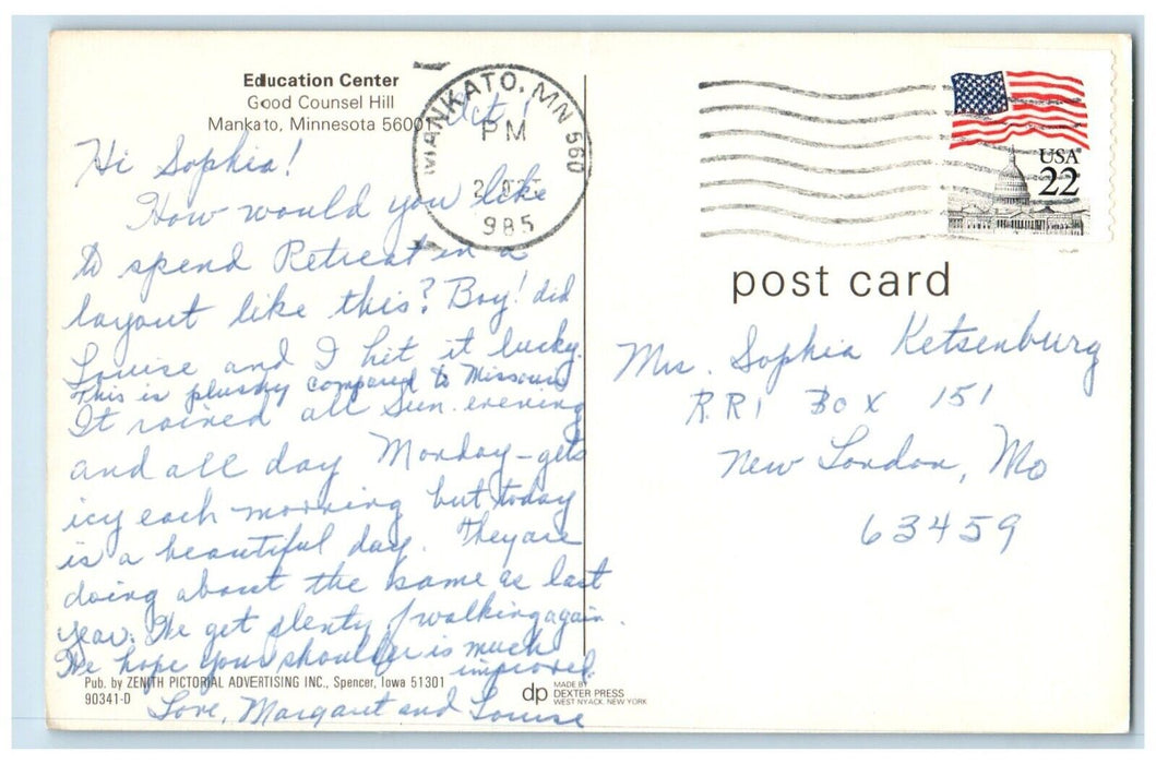 1985 Aerial ViewEducation Center Good Counsel Hill Mankato MN Vintage Postcard