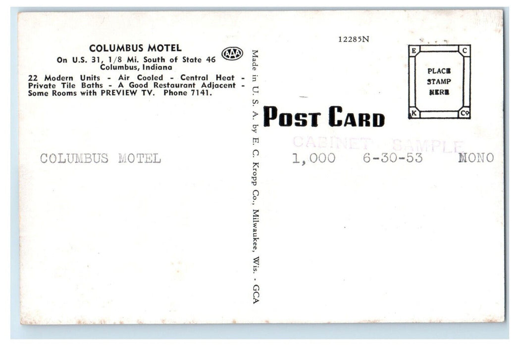 1953 Columbus Motel Sample Model Indiana IN Unposted Postcard