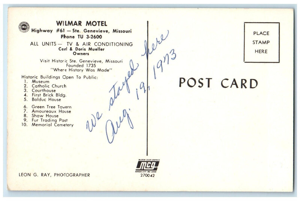 1973 Wilmar Motel Roadside Ste. Genevieve Missouri MO Posted Vintage Postcard