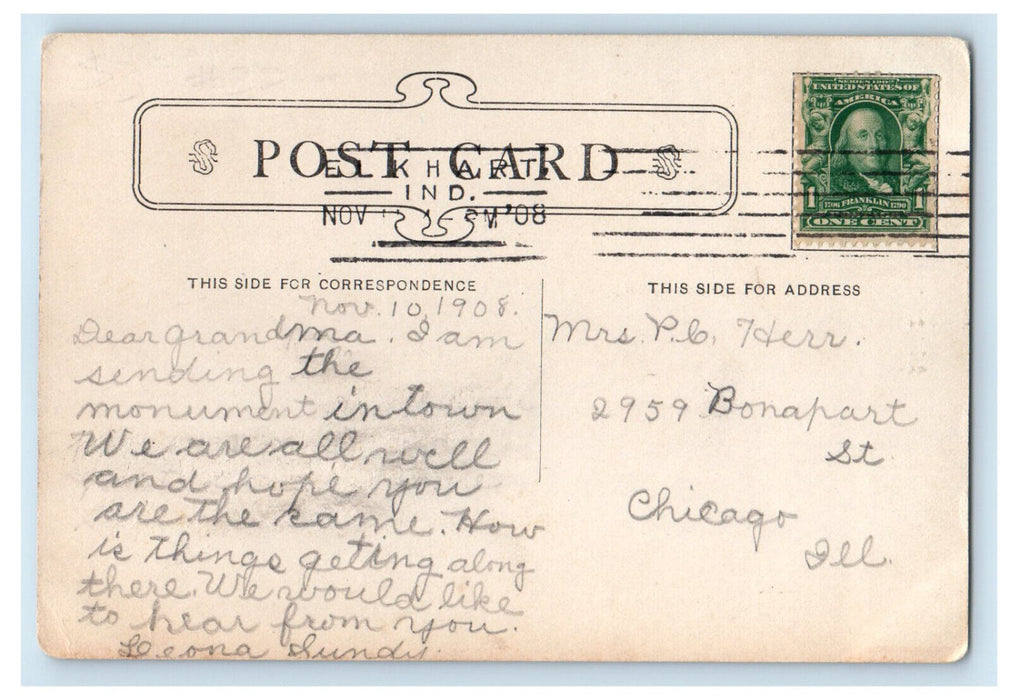 1908 Soldiers and Sailors Monument Elkhart Indiana IN Antique Postcard