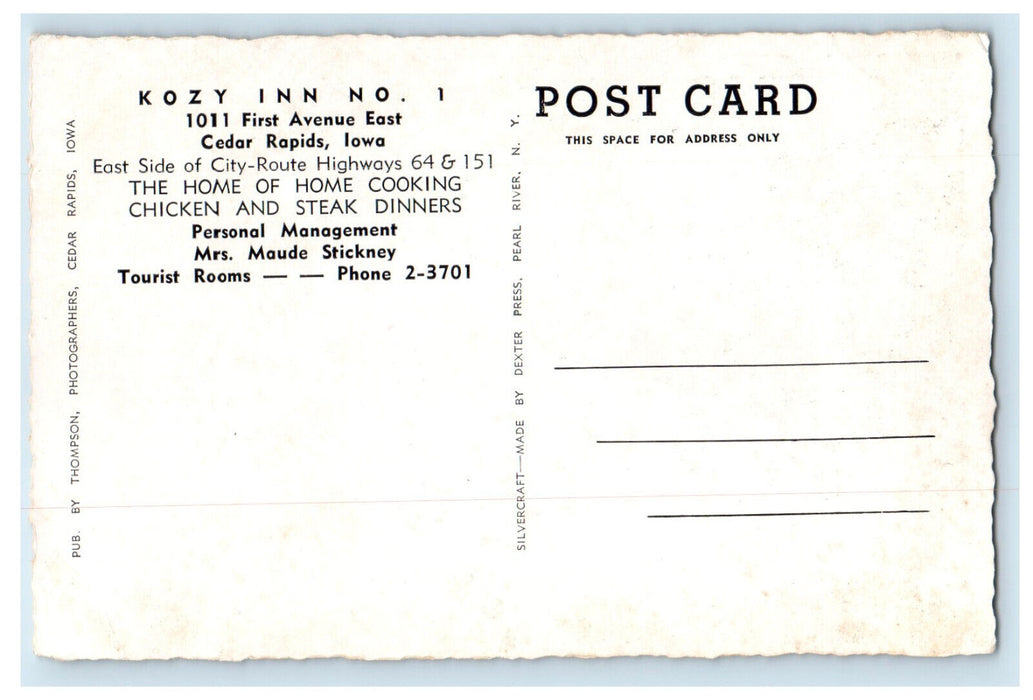c1940's Kozy Inn and Restaurant, No.1 24 Hour Service Cedar Rapids IA Postcard