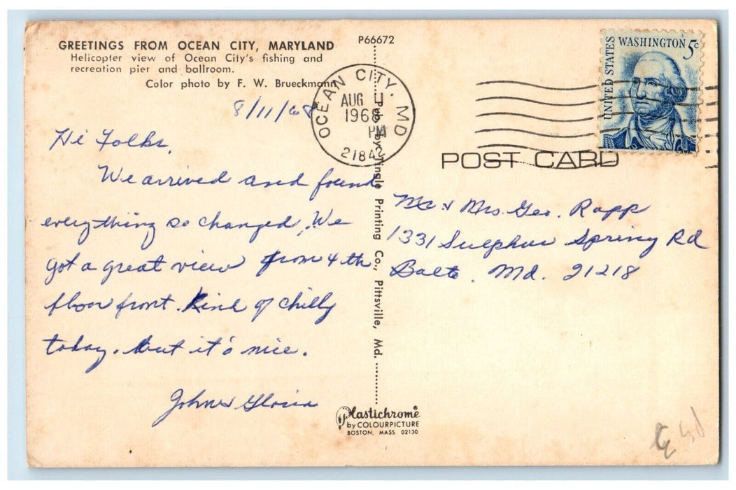 1968 Greetings From Ocean City Maryland MD, Recreation Pier View Postcard
