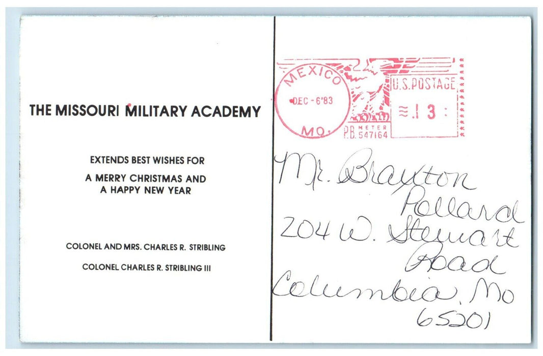 1983 The Missouri Military Academy Winter Snow Mexico Missouri MO Postcard