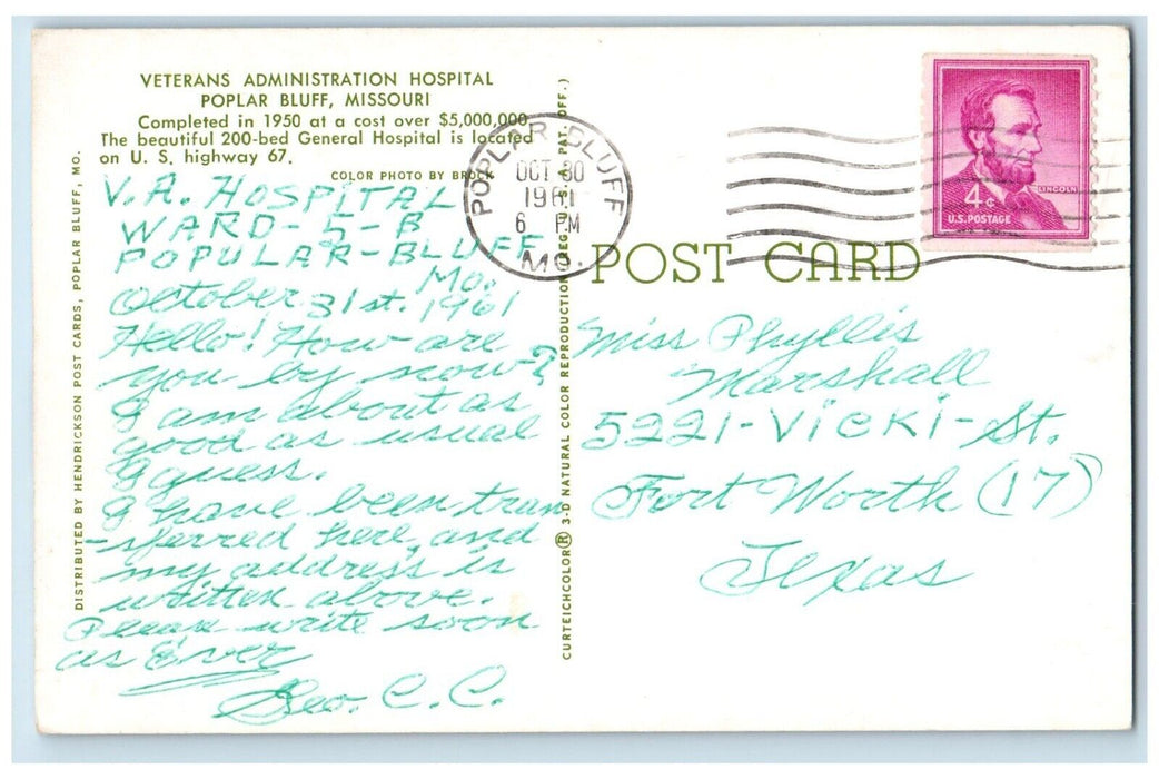 1961 Veterans Administration Hospital Poplar Bluff Missouri MO Vintage Postcard