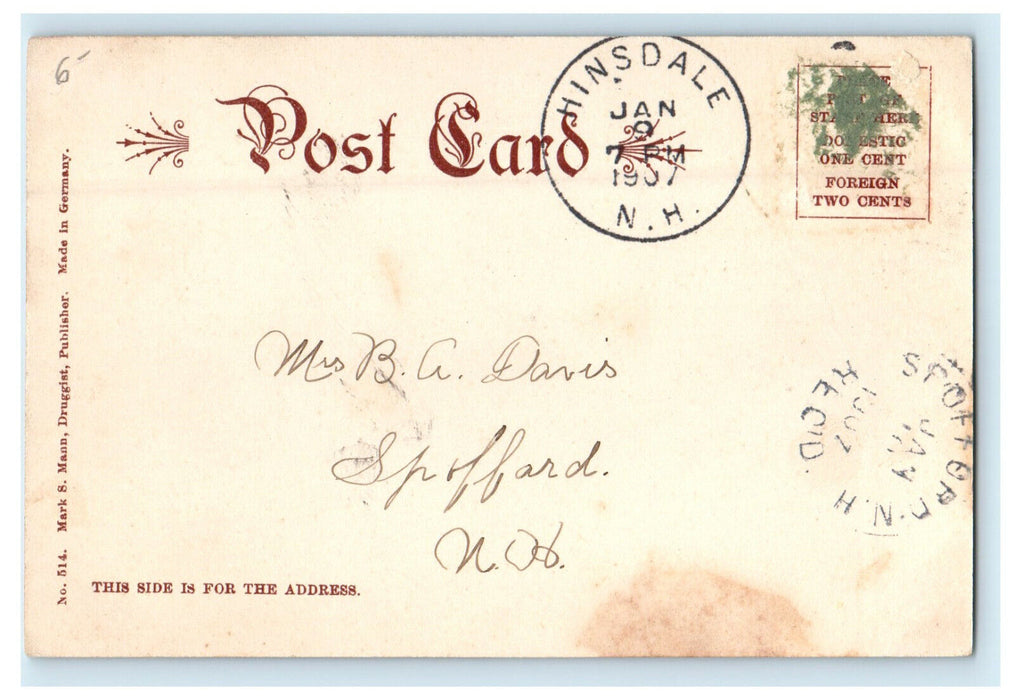 1907 Opera House, Hinsdale New Hampshire NH Antique Posted Postcard