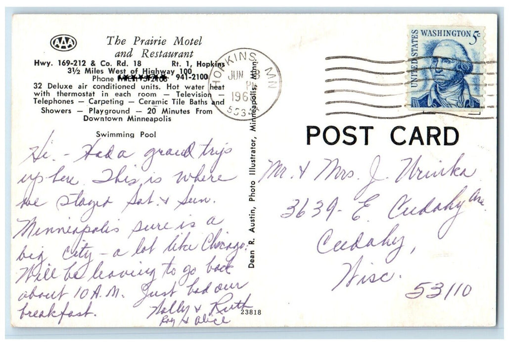 1968 The Prairie Motel And Restaurant Pool Hopkins Minnesota MN Posted Postcard