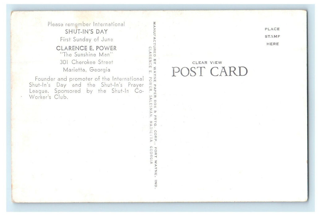 The Sunshine Man Clarence E. Power Cherokee Street Marietta Georgia GA Postcard